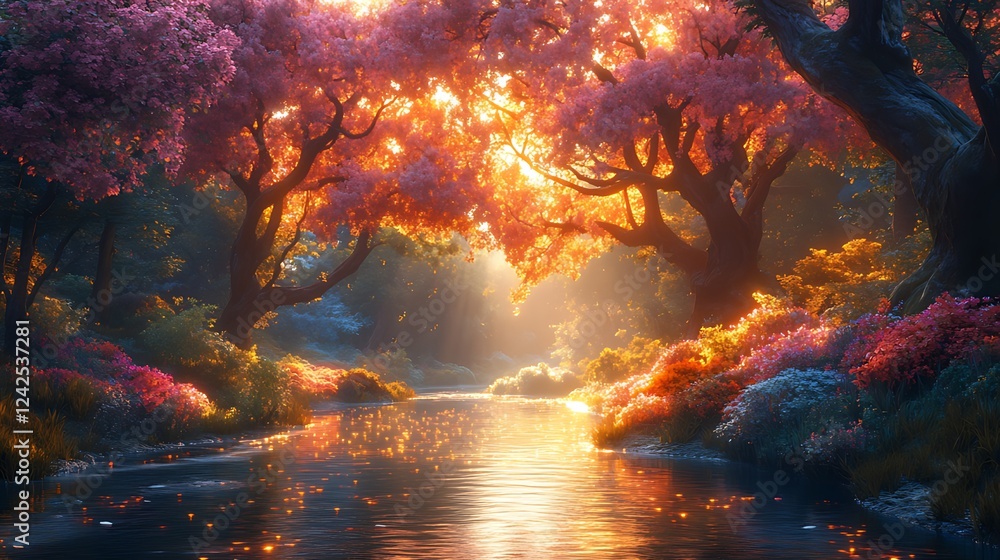 Sunset stream, pink blossom trees, magical forest, fantasy art, game background Sunset stream, pink blossom trees, magical forest, fantasy art, game background