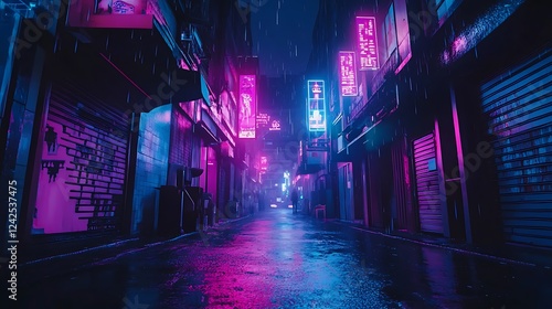 Neon-lit alleyway in the rain, illuminated by pink and blue lights.
