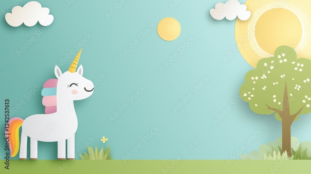 Obraz premium Cute and Cartoon Unicorn Child friendly illustration of a unicorn with bright rainbow mane, smiling in a cheerful, playful fantasy world.