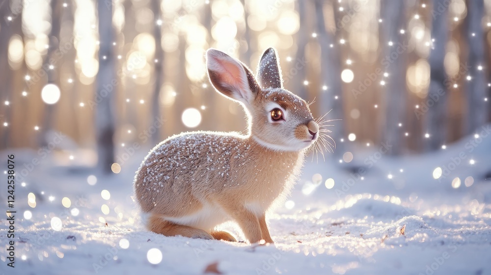 Rabbit or deer fawn in a dreamlike clearing with sparkling lights and glowing eyes in a beautiful realistic natural landscape with an icy birch forest background Rabbit or deer fawn in a dreamlike clearing with sparkling lights and glowing eyes in a beautiful realistic natural landscape with an icy birch forest background