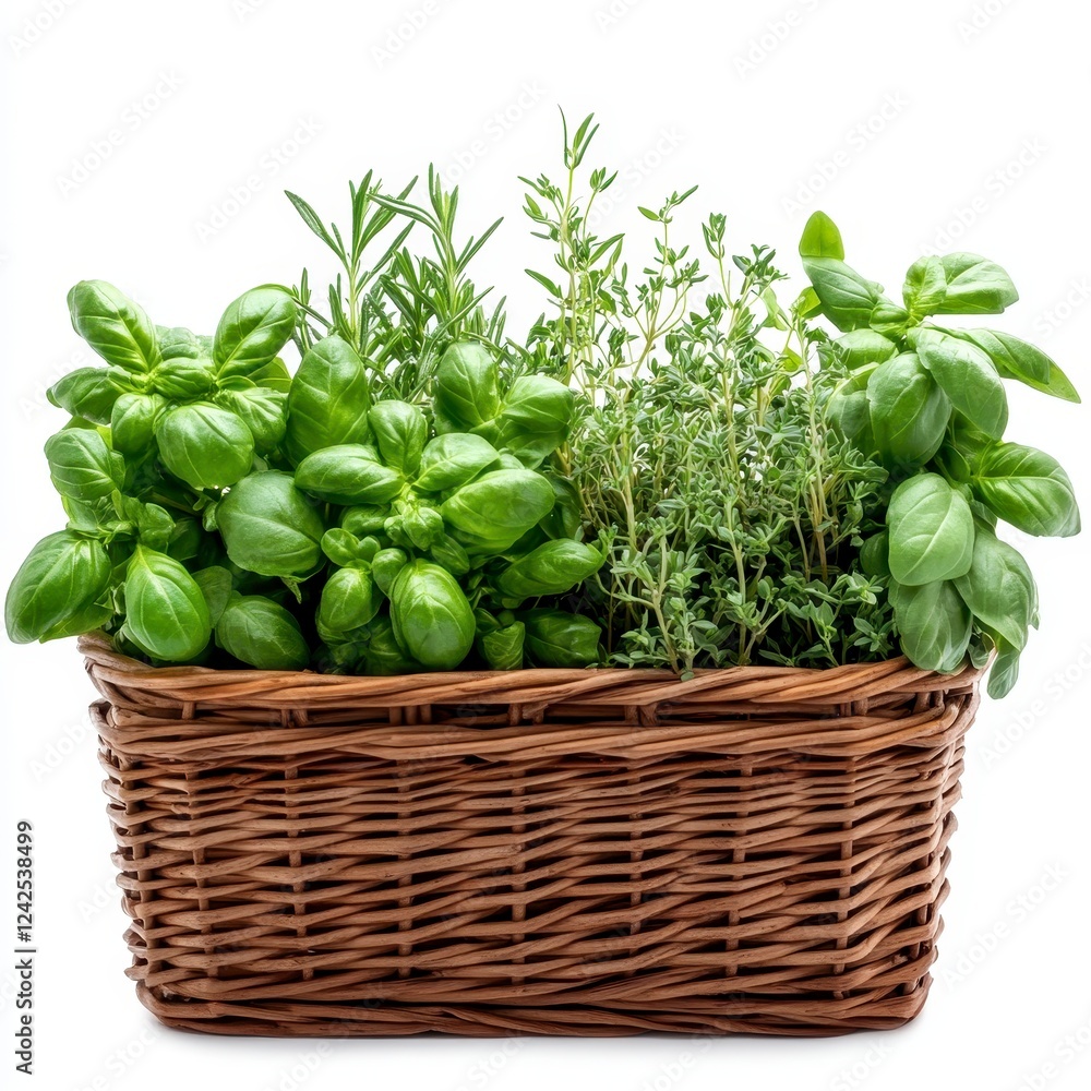 Naklejka premium Fresh Basil, Rosemary, and Thyme in Rustic Basket, Generative AI.