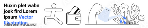 Simplified human figure running, wallet with money, hand watering flowers, placeholder text. Ideal for finance, gardening, fitness, design templates placeholders business productivity. Landing