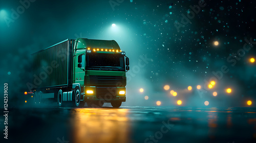 Green Truck on Night Road