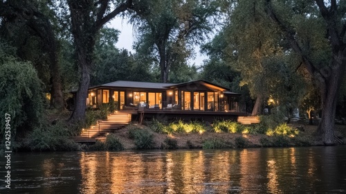 Riverfront House Evening Illumination Modern Design