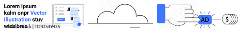 Web interface with a profile list, cloud storage icon, hand clicking digital ad, and money symbol. Ideal for ads, revenue, marketing, SaaS, cloud tech user engagement abstract line flat metaphor