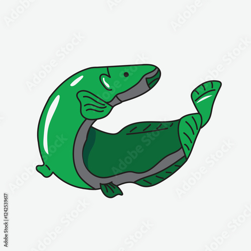 Green Cartoon arapaima fish with white Background
