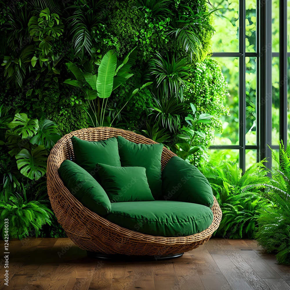Obraz premium Green Velvet Chair in Lush Green Room