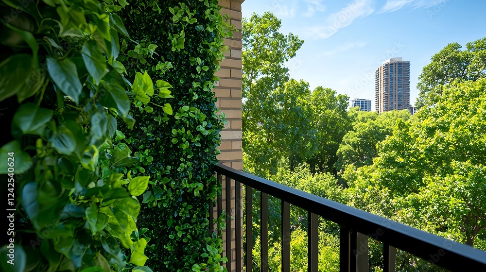 Fototapeta premium Green Wall Balcony View of City Buildings and Lush Trees