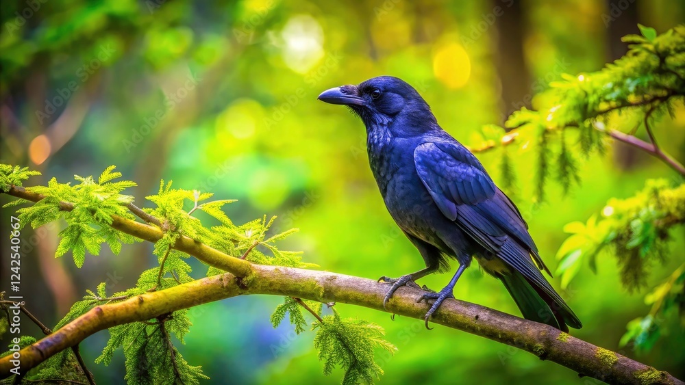 Tilt-Shift Photography of a Single Crow Perched on a Tree Branch in a Natural Setting, Focus on Details, Nature Photography, Wildlife, Serenity, and Unique Perspectives Tilt-Shift Photography of a Single Crow Perched on a Tree Branch in a Natural Setting, Focus on Details, Nature Photography, Wildlife, Serenity, and Unique Perspectives