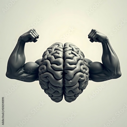 Powerful Mind: A 3D rendering of a strong brain flexing its muscles, symbolizing intellect and mental strength.