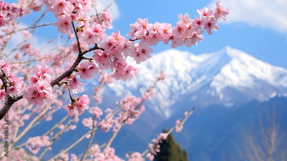 Pink Cherry Blossoms Branch Against a Blue Sky and Snowy Mountain Background Pink Cherry Blossoms Branch Against a Blue Sky and Snowy Mountain Background