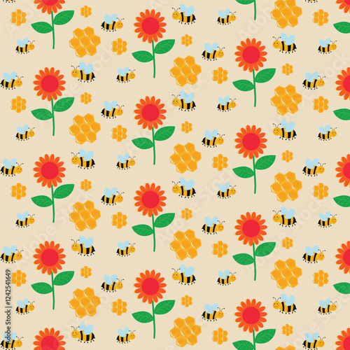 Seamless pattern bee, honey and flower background banner vector illustration