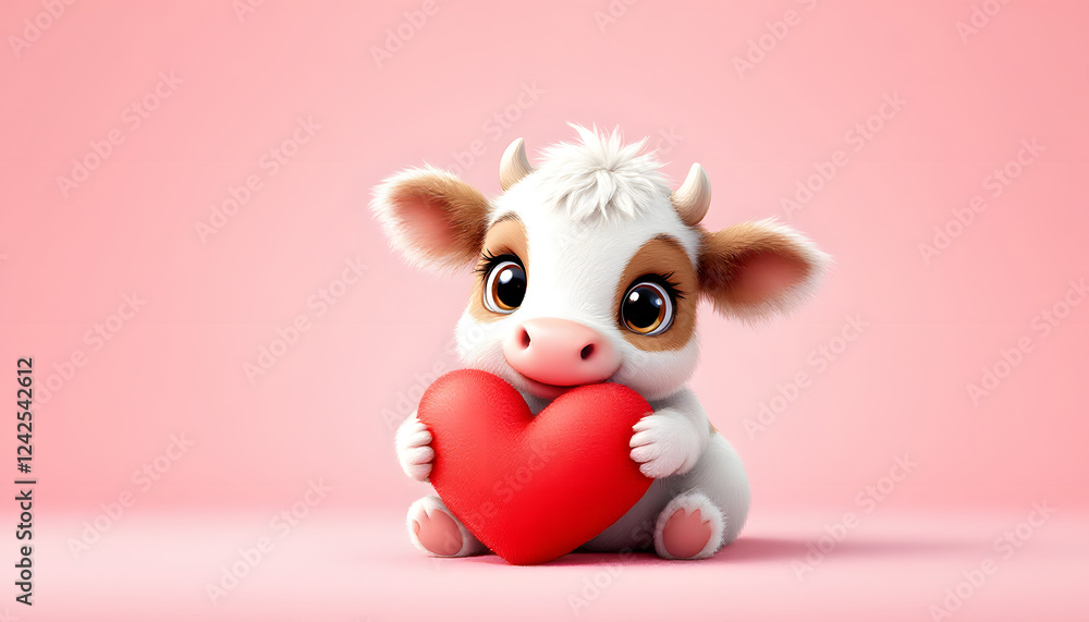Fototapeta premium Adorable Calf Holding Red Heart Valentine Illustration