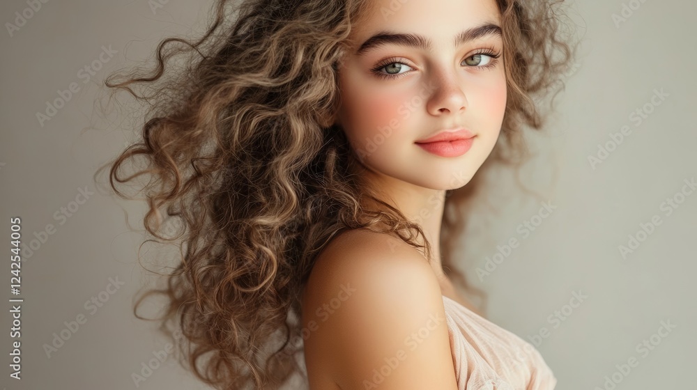 Young girl with curly hair and natural look in beautiful dress posing in studio Young girl with curly hair and natural look in beautiful dress posing in studio