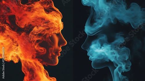 Split-Screen Visual of Flames – Blue on the Left and Orange on the Right for a Fiery Contrast photo