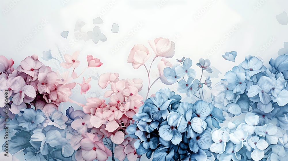 Obraz premium An elegant watercolor painting of hydrangeas and delicate blossoms, arranged in a soft gradient of pinks and blues, ideal for luxury stationery or high-end interior design, displayed against 