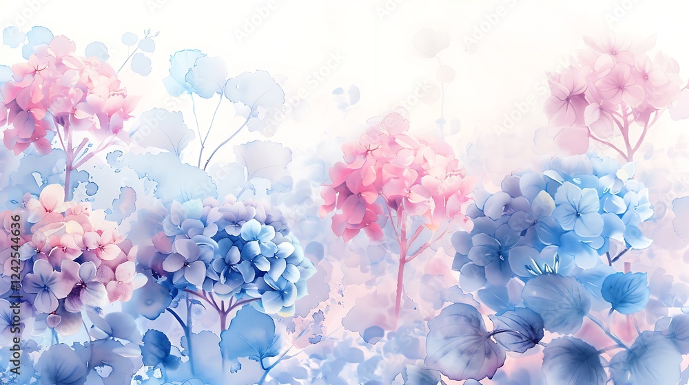 Fototapeta premium An elegant watercolor painting of hydrangeas and delicate blossoms, arranged in a soft gradient of pinks and blues, ideal for luxury stationery or high-end interior design, displayed against 