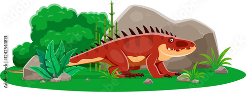 Dinosaur, cartoon prehistoric lizard of Shansisuchus species, vector dino animal. Shansisuchus dinosaur or reptile lizard of Triassic era in jungle forest park for kids paleontology book or atlas