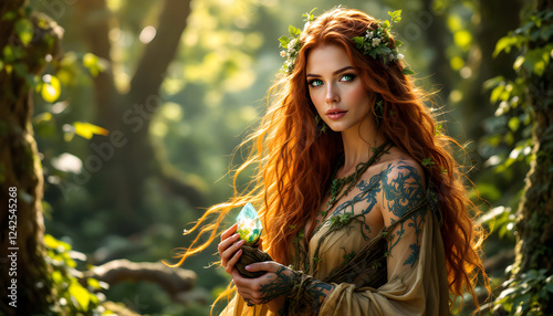 Redhead Fairy Woman in Forest with Crystal