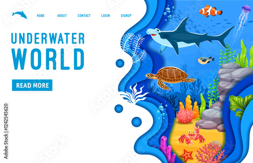 Landing page template with underwater landscape. Oceanarium or zoo internet site 3d vector template, web page layout with hammerhead shark, turtle, crab and seaweed on paper cut underwater landscape