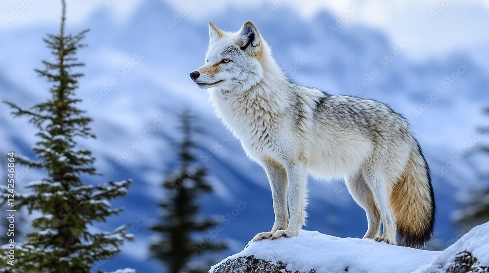 Fototapeta premium Majestic coyote standing snowy mountain peak, winter
