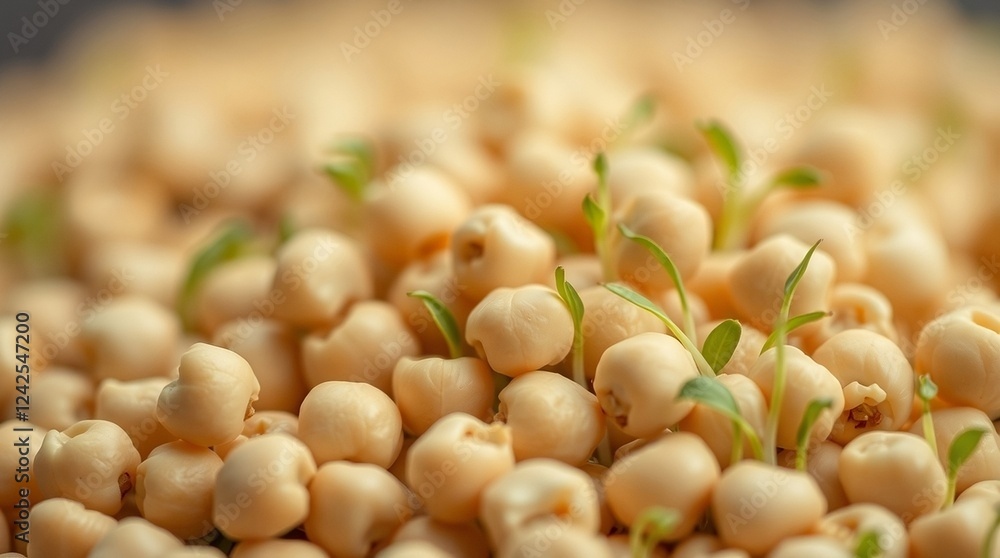 Elegant Macro Photograph of Sprouting Chickpeas with Refined Features and Low Contrast, Symbolizing Plant-Based Nutrition and Sustainable Farming Elegant Macro Photograph of Sprouting Chickpeas with Refined Features and Low Contrast, Symbolizing Plant-Based Nutrition and Sustainable Farming