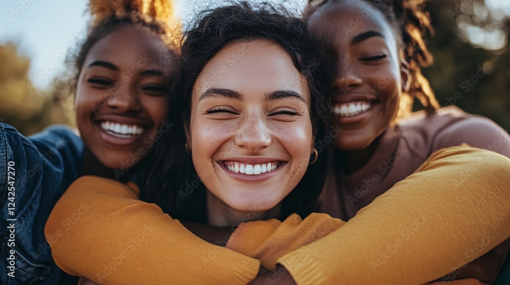 Fototapeta premium Three young women are hugging and smiling outdoors
