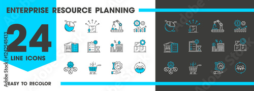 ERP line icons. Enterprise Resource Planning software system vector outline symbols of manufacturing, supply planning, sales and marketing, distribution, accounting, logistics and warehouse management