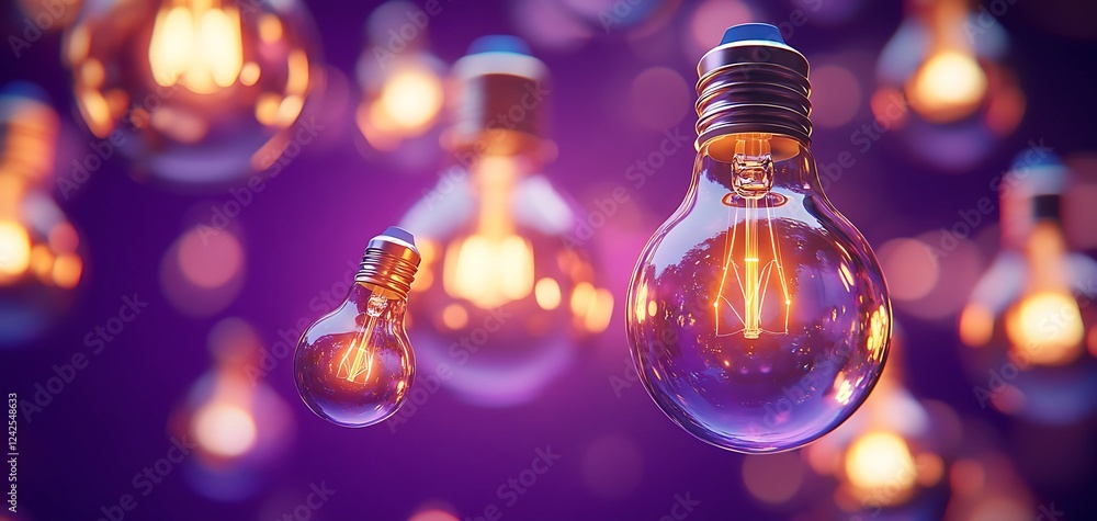 Floating glowing light bulbs and translucent spheres radiating warmth with a purple backdrop creating a dreamy atmosphere. Floating glowing light bulbs and translucent spheres radiating warmth with a purple backdrop creating a dreamy atmosphere.