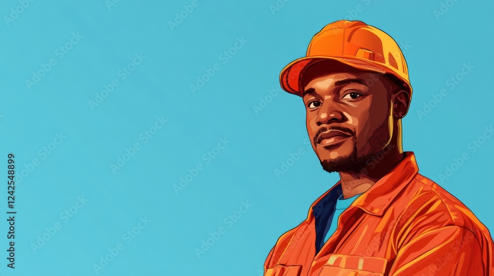 Portrait of a confident young Black male construction worker wearing an orange hard hat and uniform against a bright blue background Portrait of a confident young Black male construction worker wearing an orange hard hat and uniform against a bright blue background