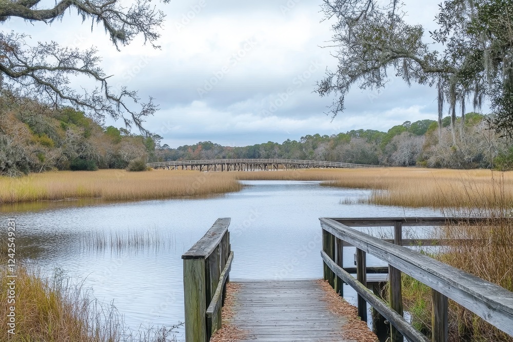 Fototapeta premium Serene marsh landscape with wooden bridge. Perfect for travel, nature, or tranquility themes.