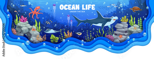 Ocean life banner with underwater landscape and sea animals with vector borders of paper cut waves. Cartoon hammerhead shark, octopus, fish and crab characters on sea bottom 3d paper cut poster