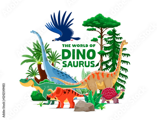 Dino park banner with funny cartoon prehistoric dinosaurs and reptiles, vector background. Jurassic dinosaurs world banner for paleontology museum or kids dino atlas encyclopedia with dinosaur lizards