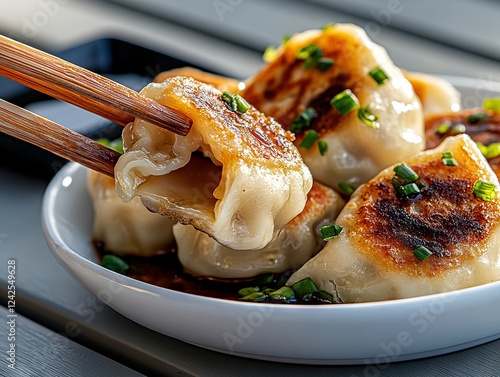 A plate of dumplings with chopsticks in it photo