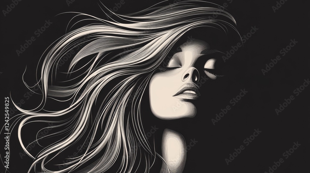 Elegant monochrome portrait of a woman with flowing hair and radiant skin, emphasizing the beauty and cosmetic elements in a minimalist style. Elegant monochrome portrait of a woman with flowing hair and radiant skin, emphasizing the beauty and cosmetic elements in a minimalist style.