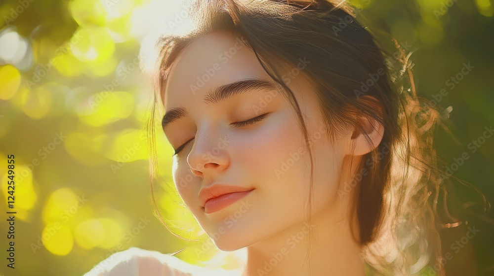 Fototapeta premium Joyful young woman with gentle smile and closed eyes in vibrant summer park, soft sunlight filtering through lush green foliage, pastel tones.