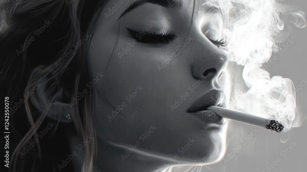 Obraz premium Confident young woman with wavy auburn hair exhaling cigarette smoke in monochrome, capturing a moment of sophistication and allure.