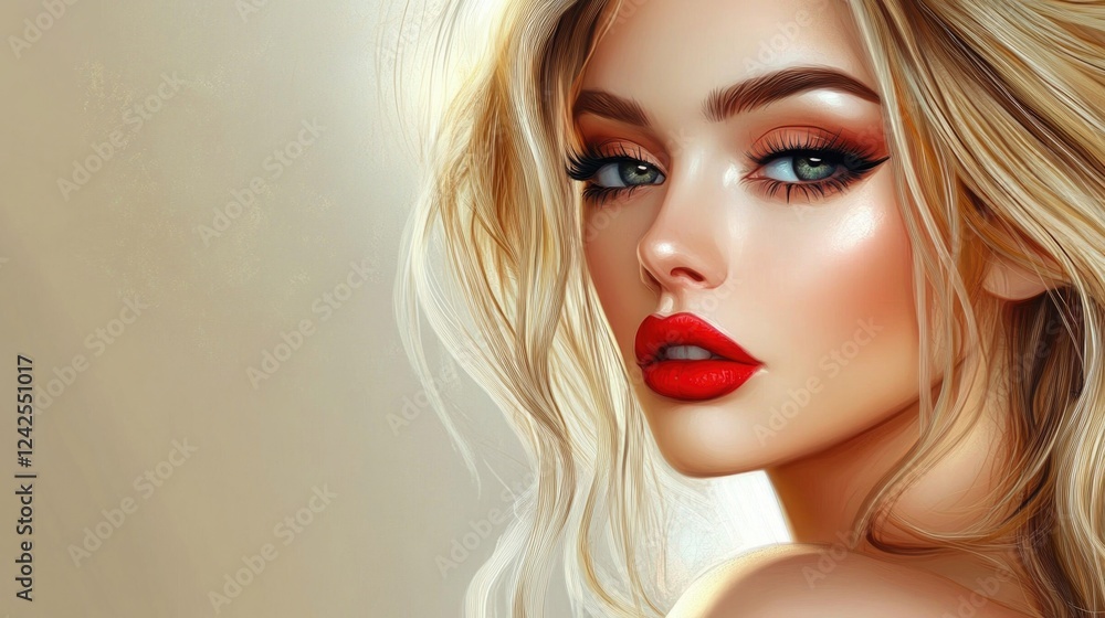 Fototapeta premium Stylish portrait of a young elegant blonde woman with striking red lips and flawless makeup against a soft neutral background highlighting beauty and fashion.