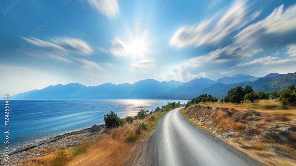Mediterranean coast road into mountains horizon in summer with beautiful bright sun rays - wide angle panorama shot with long exposure motion blur effect Mediterranean coast road into mountains horizon in summer with beautiful bright sun rays - wide angle panorama shot with long exposure motion blur effect