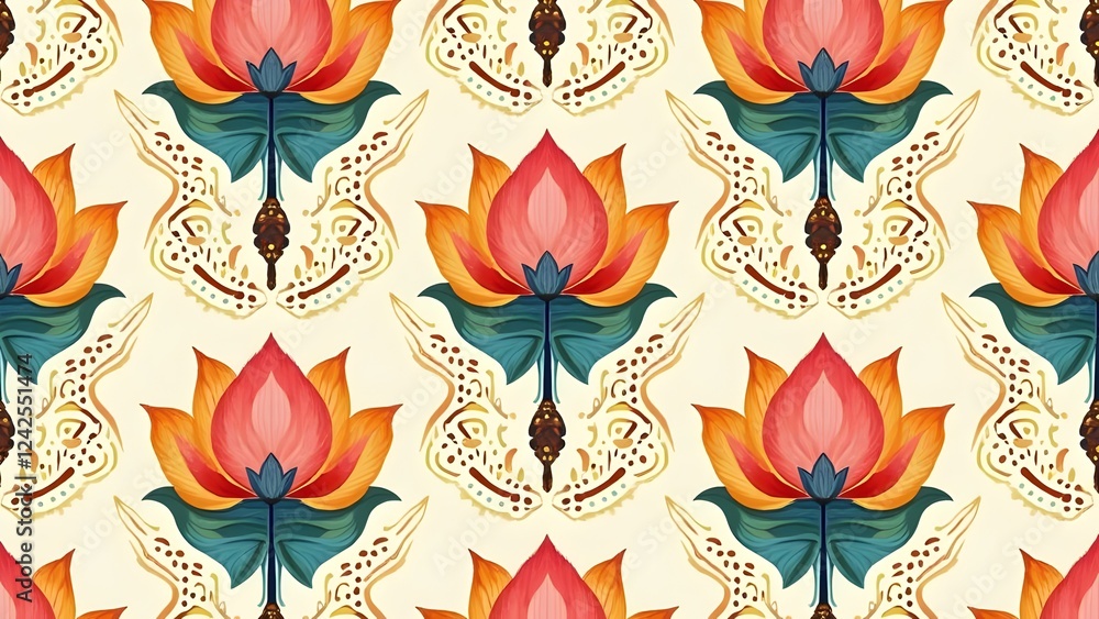 Symmetrical Lotus Paisley Pattern with Classic Motifs Symmetrical Lotus Paisley Pattern with Classic Motifs