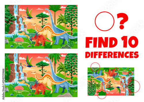 Find ten differences between prehistoric dinosaurs, kids game worksheet. Vector puzzle quiz of children education with cartoon cute dino animals characters. Funny jurassic dinosaurs matching game