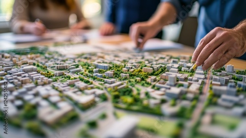 Fototapeta Naklejka Na Ścianę i Meble -  Urban planning discussions focused on reducing fuel reliance. Featuring city planners at a meeting