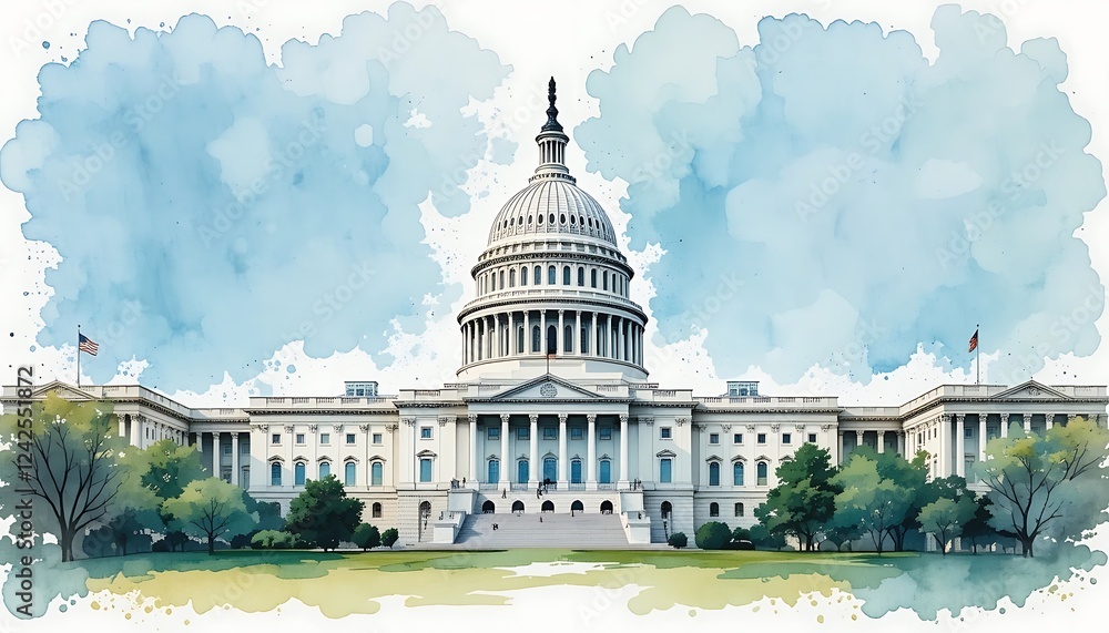 Fototapeta premium Stunning Watercolor Painting of the United States Capitol Building in Washington D.C., showcasing its majestic architecture and surrounding landscape.