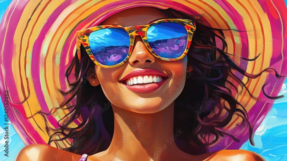 Smiling brunette woman wearing colorful sunglasses and a large striped sun hat, enjoying summer at the beach with bright blue sky and ocean backdrop. Smiling brunette woman wearing colorful sunglasses and a large striped sun hat, enjoying summer at the beach with bright blue sky and ocean backdrop.