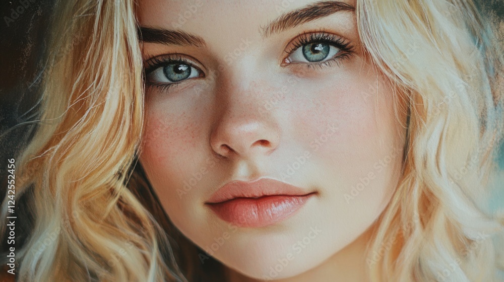 Beautiful close-up portrait of young woman with wavy blonde hair and striking blue eyes, showcasing natural makeup and fresh complexion. Beautiful close-up portrait of young woman with wavy blonde hair and striking blue eyes, showcasing natural makeup and fresh complexion.
