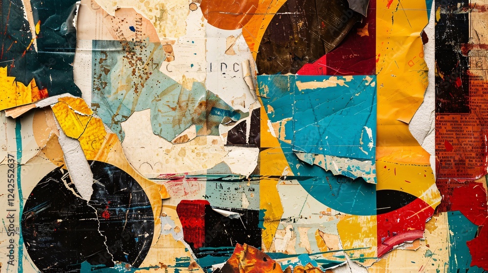 Fototapeta premium Abstract collage with torn paper, textured backgrounds, and bold typography