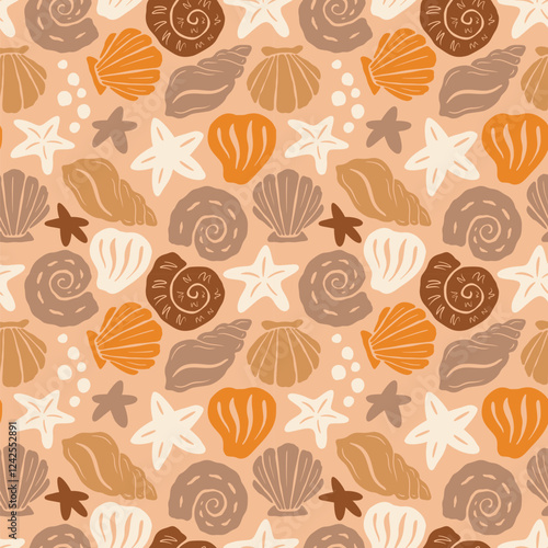 Coastal Boho Wave Pattern. Sea Coral Shape Background. Abstract Seashell Texture Ornament. Underwater Vector Seamless Pattern. Organic Summer Ocean Print for Textile, Wrapping Paper. Tropical Bg.