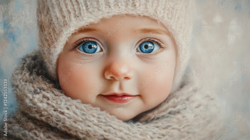 Adorable infant with big blue eyes warmly bundled in a beige knitted hat and scarf, close-up portrait with soft pastel background. Adorable infant with big blue eyes warmly bundled in a beige knitted hat and scarf, close-up portrait with soft pastel background.