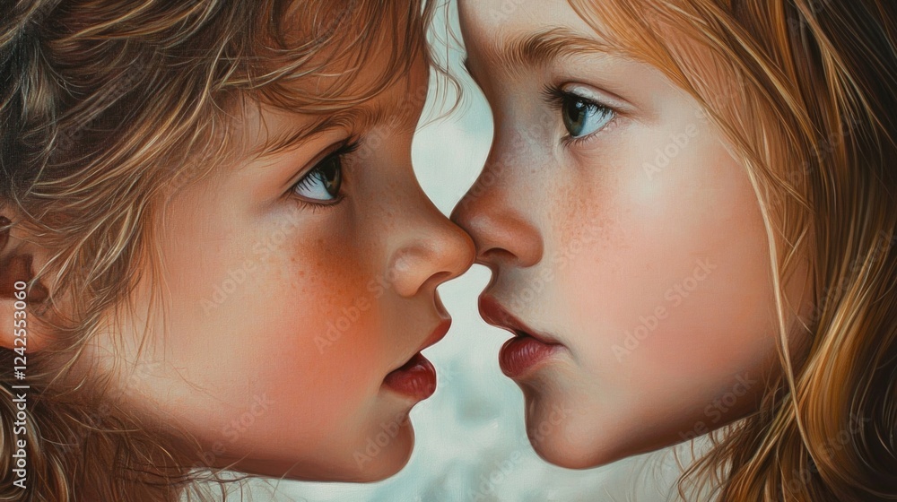 Close-up of two young girls with curly and straight hair sharing secrets in a natural outdoor setting, capturing their playful expressions and freckled faces. Close-up of two young girls with curly and straight hair sharing secrets in a natural outdoor setting, capturing their playful expressions and freckled faces.