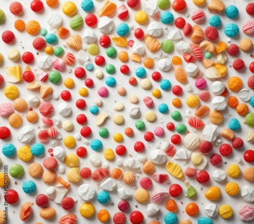 White toffee and colorful candies arranged in a decorative pattern on a white background, sweet treats, white toffee